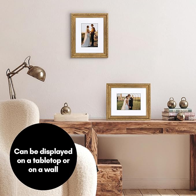 Americanflat 8x10 Picture Frame with Shatter-Resistant Glass - Use as 5x7 Frame with Mat or Display 8x10 Photo Without Mat - Ornate Picture Frames for Wall and Tabletop Display - Gold