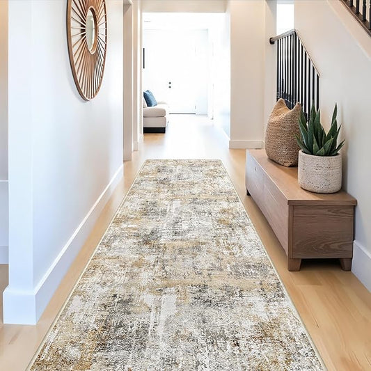 3x10 Ft Long Hallway Runner Rug - Non-Slip Washable Kitchen Runner Rug with Rubber Backing | Modern Abstract Wide Floor Carpet Runner for Indoor Entryway, Bedroom, Living Room (Gold Grey)