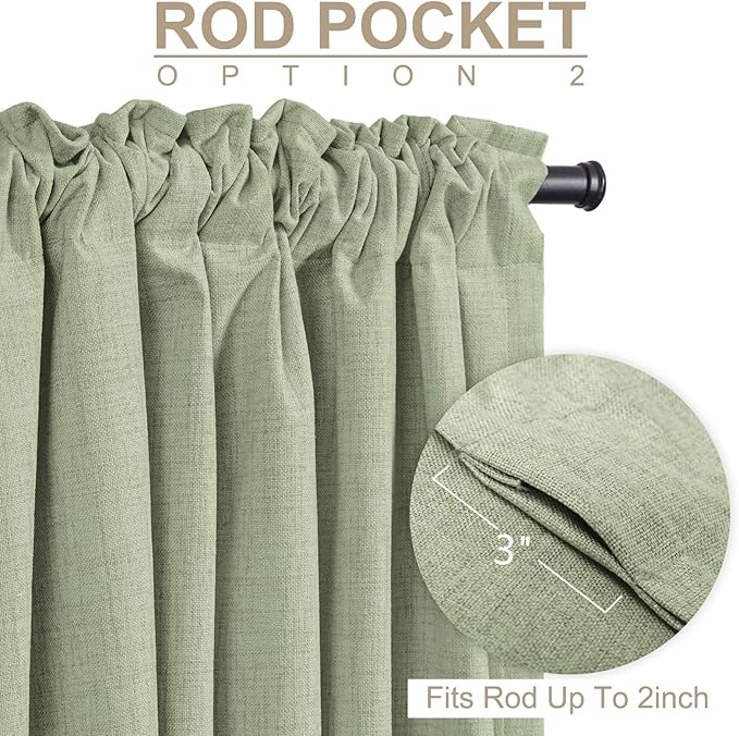 100% Blackout Shield Linen Blackout Curtains for Bedroom 108 Inches Long, Back Tab/Rod Pocket Living Room Drapes, Thermal Insulated Blackout Curtains 2 Panels Set, 50" W x 108" L, Sage