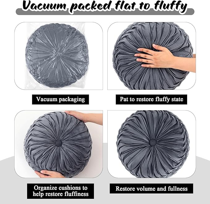 Drydiet 3 Pcs Round Throw Velvet Pillows Decorative Pleated Throw Pillows 15'' Diameter Accent Pumpkin Boho Chair Cushion for Couch Sofa Home Decoration (Black,White,Gray)