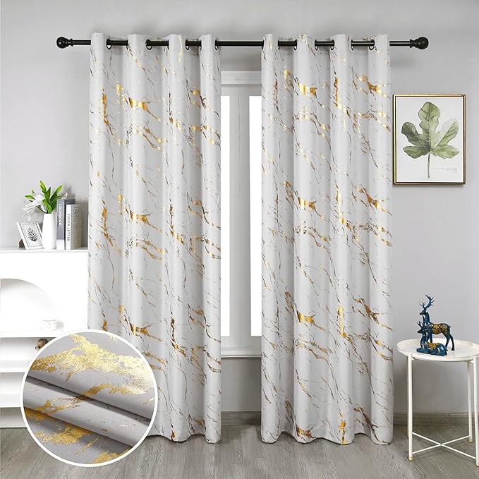 Taisier Home Gold Foil Print Linen Textured Curtains - Geometric Marble Pattern Design for Living Room - Light Filtering Window Treatment, 2 Panels, 63" L, Beige and Gold