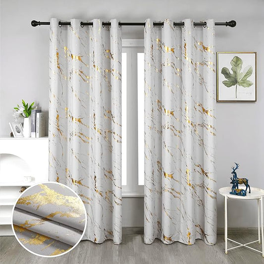 Taisier Home Gold Foil Print Linen Textured Curtains - Geometric Marble Pattern Design for Living Room - Light Filtering Window Treatment, 2 Panels, 95" L, Beige and Gold