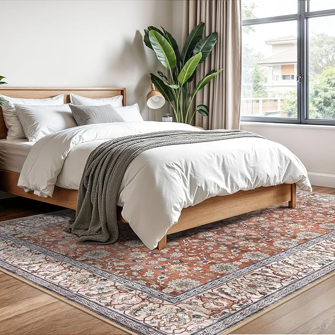 KUTA Vintage Floral 6x9 Area Rugs, Washable Rugs for Living Room Non Slip, Red Clay Ultra Thin Soft Print Distressed Flower Low-Pile Traditional Carpet for Bedroom Dining Room Dorm Office