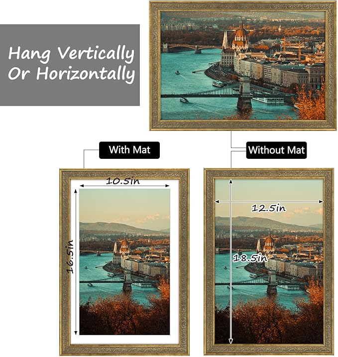 Golden State Art, 13x19 Ornate Finish Photo Frame with White Mat for 11x17 Picture & Real Glass. Color: Distressed Gold