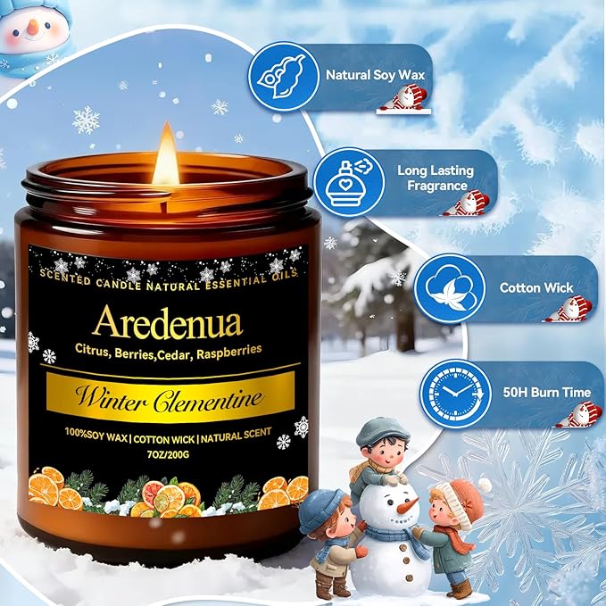 Winter Candles – Clementine Candle | Holiday Scented Candles - Citrus Soy Candle for Odor Eliminator | Winter Christmas Gift for Women Men 7oz Jar with 50H Clean Burn & Long Lasting