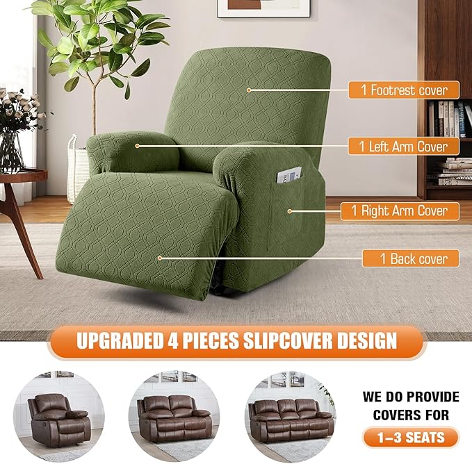 VANSOFY Oversized Recliner Chair Cover, 4-Pieces Stretch Recliner Covers for Recliner Chair Soft Reclining Chair Slipcover Jacquard Pattern Furniture Protector for Dogs Cats(Army Green)