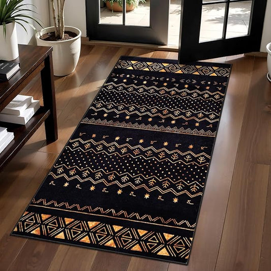 SERISSA 2x4 Rugs for Entryway, Washable Non-Slip Black and Gold Small Runner Rug, Soft Low-Pile Boho Geometric Indoor Entry Rug Door Mat Indoor Entrance Front Door Carpet for Bathroom Kitchen Bedroom