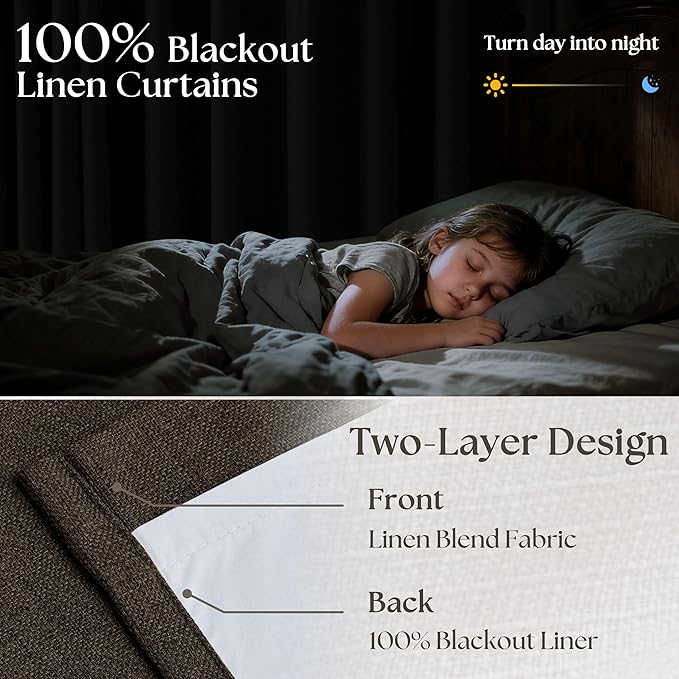 Dark Brown Pleated Double Layer Thick Linen Curtains 90 Inches Long for Bedroom Living Room Memory Trained Pinch Pleat 100% Blackout Thermal Noise Blocking Rustic Windows Drapes 2 Panels Set