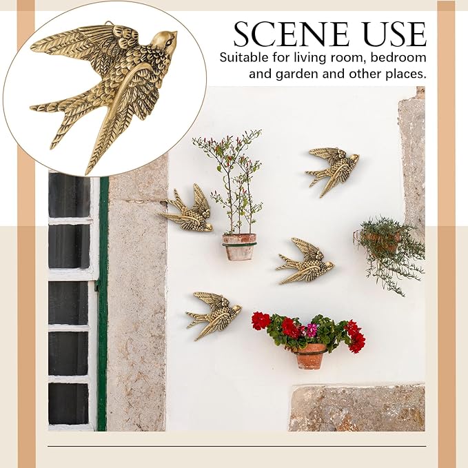 4 Pcs Vintage Bird Wall Sculpture Decor Art 4.7 Inch Antique 3D Sculpted Hanging Bird Resin Wall Art Golden Brass Floating Ornament for Living Room Garden Outdoor, Gifts for Couples Housewarming