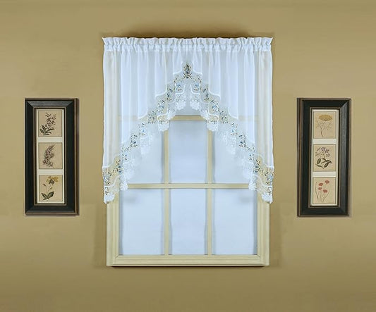 Today's Curtain, Vintage Macramé Organza Swag 38", White/Blue, 58" W x 38" L