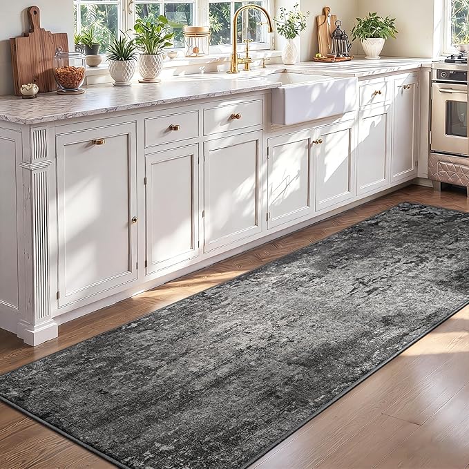 2x7 Black Rug Runners for Hallways Kitchen Runner Rug Non Slip Washable Black Long Runner Rugs with Rubber Backing Soft Abstract Carpet Runner for Bedroom, Kitchen, Bathroom, Entryway