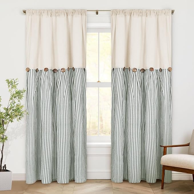 ASPMIZ Cotton Linen Farmhouse Curtains Boho Rustic Button Curtain, Linen Window Curtain Panels Green Stripe Country Curtains for Living Room Bedroom, Back Tab Window Drapes, 52 x 84 Inch, 2 Panels