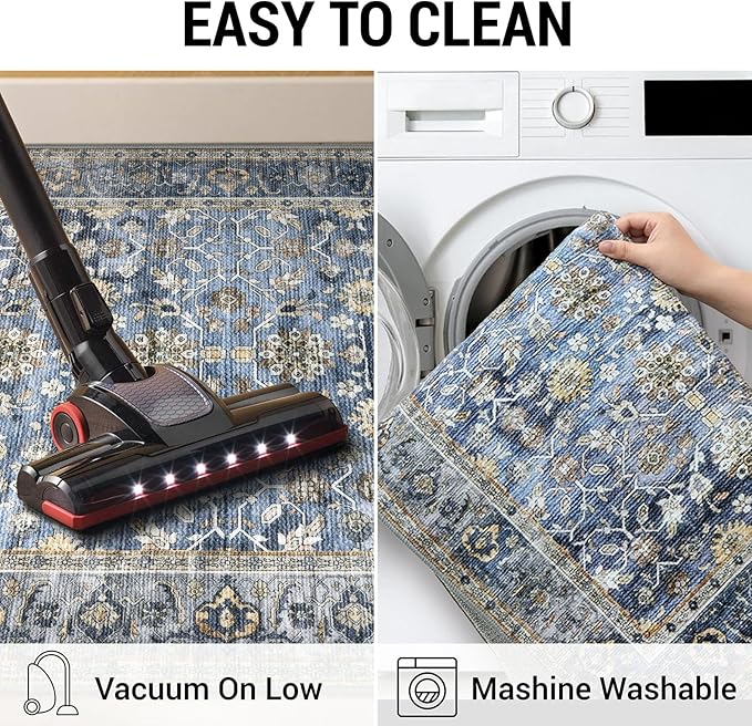 KUTA Vintage Wide Runners for Hallways 3x10 ft Blue Grey Beige Washable Kitchen Runner Non Slip Long Hall Runners Entryway Runner Rugs Floor Carpet for Indoor Backdoor Bedroom Kitchen