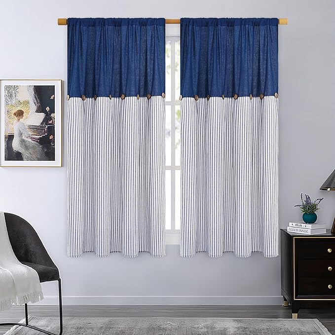 ASPMIZ Cotton Linen Farmhouse Curtains for Living Room, Boho Rustic Button Window Curtain Panels, Blue Striped Curtains for Bedroom, Country Back Tab Modern Drapes for Windows 52 x 63 Inch 2 Panels