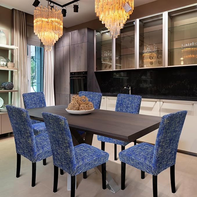 Chair Covers, Dining Room Chair Covers, Stretch Kitchen Chair Covers/Dining Room Chair Covers Set of 4, Removable Washable Dining Chair Slipcovers for Home, Hotel, Banquet, Linen Blue Pattern