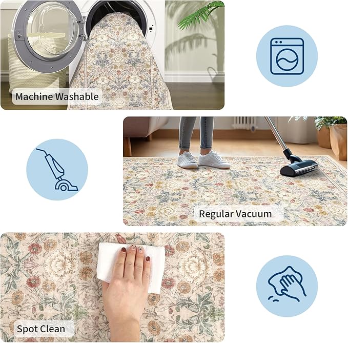 GarveeHome Washable Runner Rug 2x6, Non Slip Floral Kitchen Runner for Hallway Entryway Beige Laundry Bathroom Mat Farmhouse Thin Stain Resistant Carpet for Bedroom Beside Rug