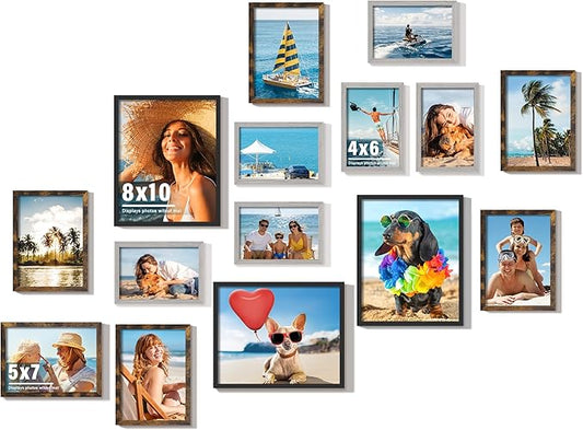 15 Pack Picture Frames Collage Wall Decor, Frame Set with 3pcs Black 8x10, 6pcs Brown 5x7, and 6pcs Grey 4x6 for Gallery Display, Wall Mounting & Tabletop, Bulk Photo Frames for Living Room Decor