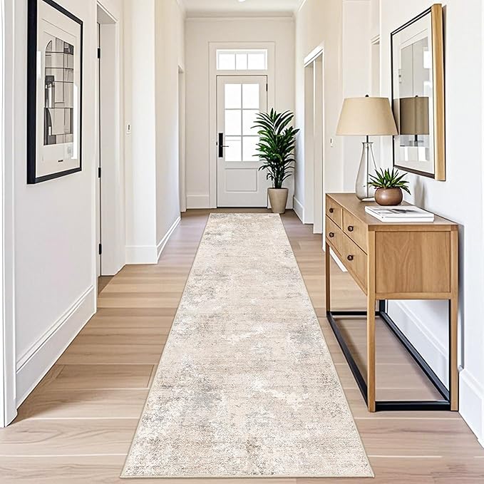 3x12 ft Washable Hallway Runner Rug - Long Non Slip Low Pile Thin Carpet Runners, Modern Abstract Neutral, Stain Resistant for Kitchen, Entryway, Bathroom（Beige Grey,3x12）