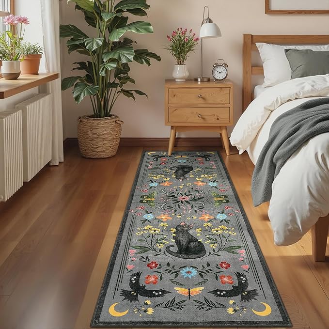 GarveeHome 2.5x8 Cat Washable Runner Rug for Hallway, Soft Grey Long Kitchen Runner Non Slip Mushroom Insect Entryway Rug Floral Laundry Mat Stain Resistant Carpet for Bathroom Beside Rug
