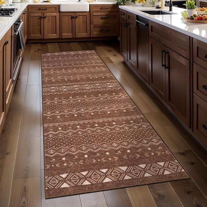 SERISSA 2x5 Kitchen Runner Rug, Washable Non-Slip Coffee Brown Boho Rug, Soft Low-Pile Geometric Indoor Carpet for Hallway Laundry Room Bathroom Bedroom Entryway