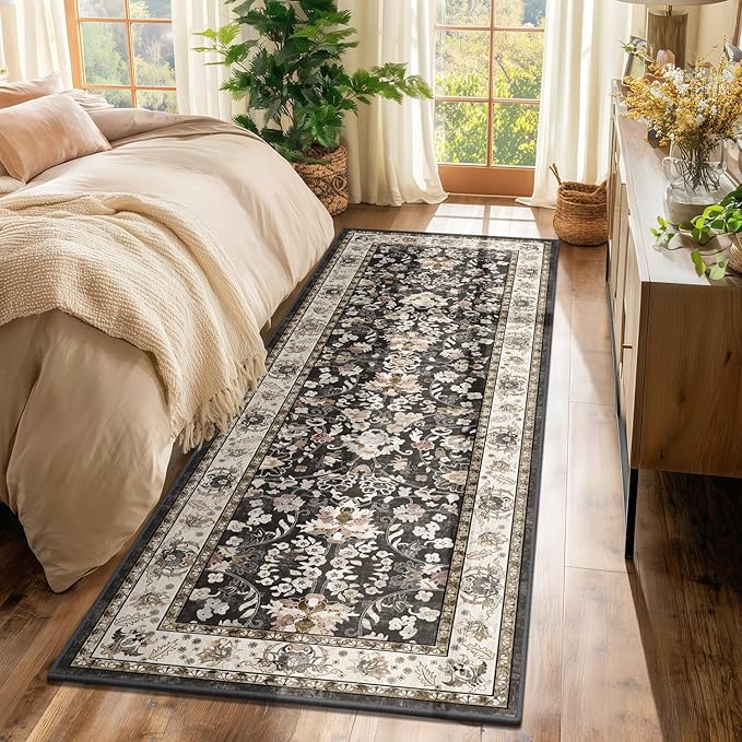 LOKHOM Washable Runner Rug, 2x6 Non-Slip Vintage Hallway Runner Rug with Rubber Backing, Boho Floral Soft Faux Wool Kitchen Rugs Carpet Runner for Laundry Entryway Bedroom (Black)