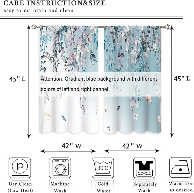Blue Grey Eucalyptus Botanical Leaves Floral Window Curtains Boho Butterfly Farmhouse Flower Leaf Rod Pocket Curtain Drapes Curtains for Bedroom Living Room Treatment 2 Panels 42Wx45H Inch