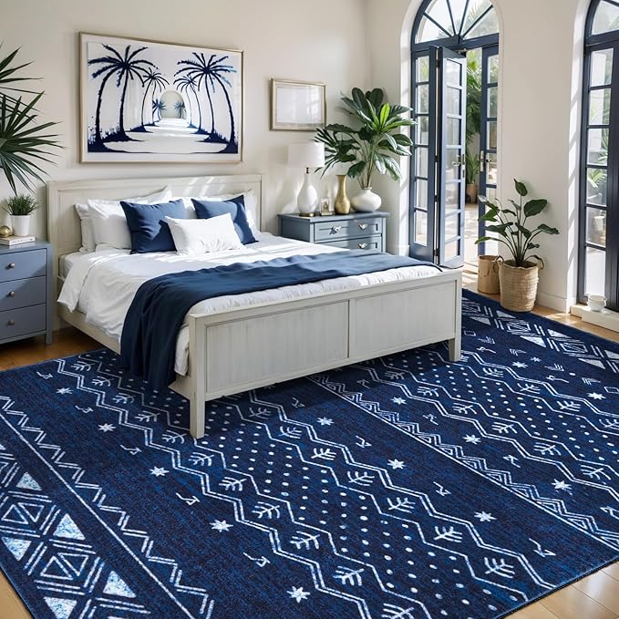 SERISSA 6x9 Area Rugs for Living Room, Washable Non-Slip Blue and White Boho Rug, Soft Low-Pile Geometric Indoor Large Carpet for Dining Room Bedroom Home Office Playroom