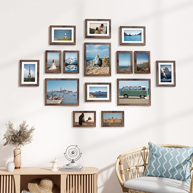 Vittanly 15 Pack Picture Frames Collage Wall Decor for Mounting or Tabletop Display, Gallery Frame Set for Family, Multi Sizes Including 3pcs 8x10, 6pcs 5x7, 6pcs 4x6, Brown