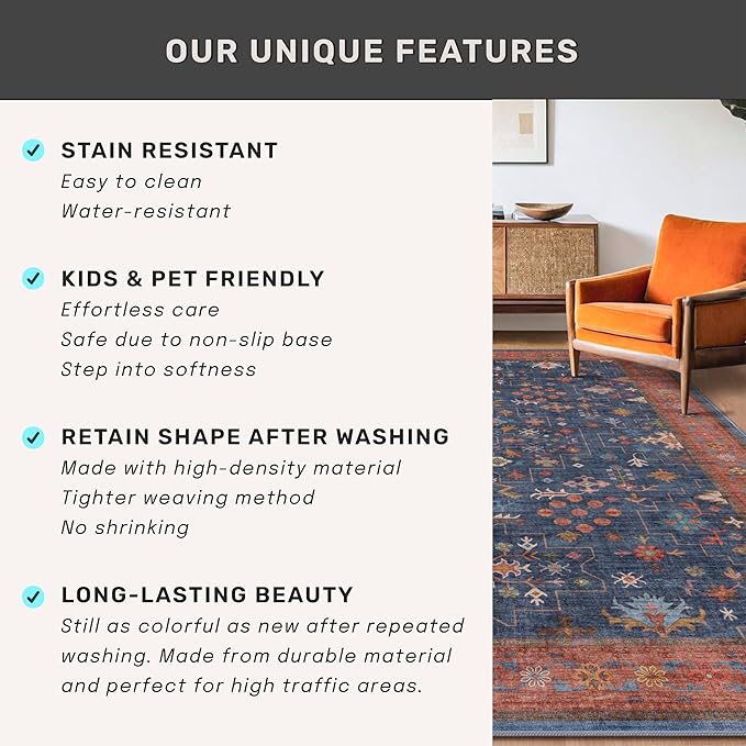 Navy Blue Large Area Rugs 8x12 Living Room, Geometric Floral Rugs for Dining Room Under Table - Washable Low Pile & Soft Carpet for Bedroom - Vintage Boho Stain Resistance Indoor Décor