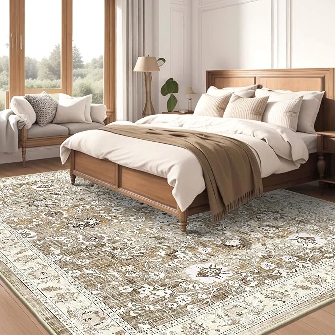 LOKHOM Living Room Area Rug 8x10, Non-Slip Vintage Soft Large Bedroom Rug with Rubber Backing, Low Pile Boho Floral Faux Wool Floor Carpet Distressed Rug for Bedroom Dining Room（Beige Brown）