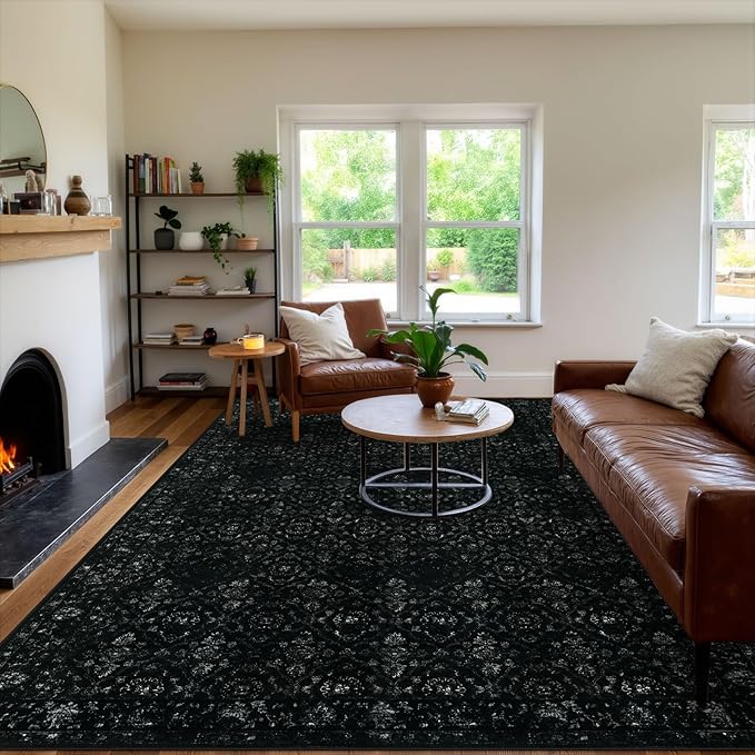 Hedlive Vintage Black Rug for Living Room 9x12, Ultra-Thin Washable Large Area Rugs for Dining Room Non Slip, Stain Resistant Bedroom Rug for Home High Traffic Area (9'x12', Black)