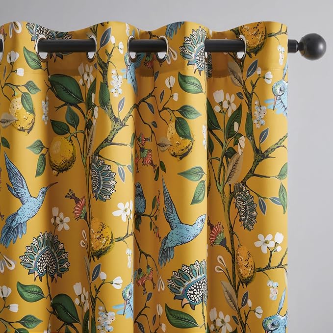 Topfinel Living Room Curtains 72 Inches Long Mustard Yellow Vintage Curtains & Drapes, Room Darkening Grommet Luxury Whimsical Floral Lemon Hummingbird Colorful Blackout Drapes for Living Room Bedroom