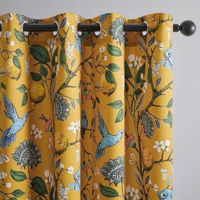 Topfinel 102 Inches Long Mustard Yellow Luxury Curtains for Living Room Bedroom, Blackout Vintage Art Deco Victorian Curtains Floral Lemon Hummingbird Printed Grommet Drape 102 Inch Length