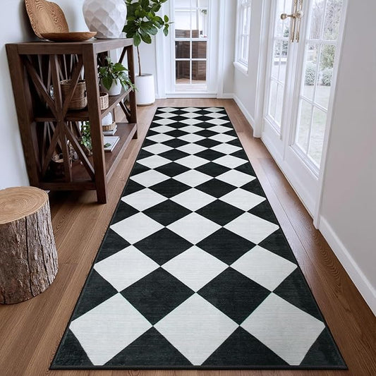Beeiva Checkered Print Washable Rug Runners for Hallways Non Slip 2.5x10, Ultra Thin Black Kitchen Runner Stain Resistant Hallway Runner Rug 10 ft, Checkerboard Carpet for Bathroom Entryway Decor