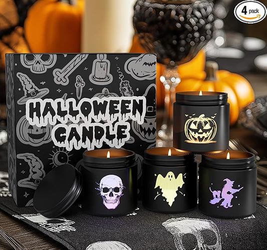 Halloween Decor Indoor-4 Pack Candles Set, LED Scented Candle,Halloween Gifts with Pumpkin|Skull|Ghost|Witch|, 80H Lasting Burn Candles for Home Decorations Indoor