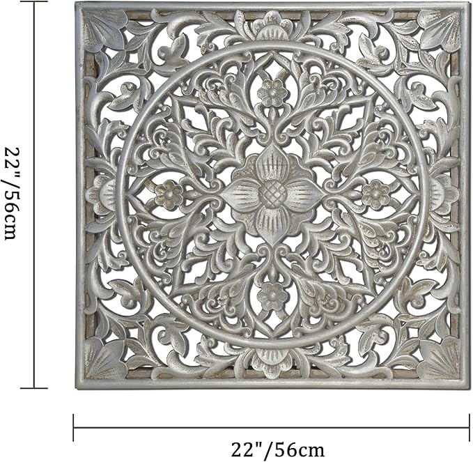 XIAOAIKA Boho Carved Wood Wall Sculpture, Intricate Floral Mandala Design with Distressed Silver Finish, Vintage Farmhouse Wall Art Panel with Solid Wood Frame for Bedroom Entryway (22" x 22")