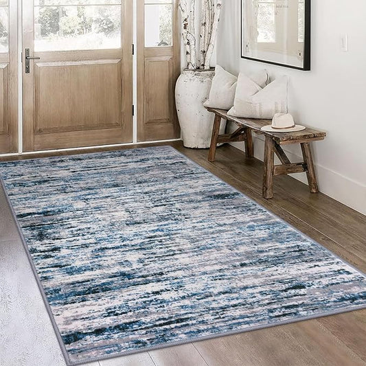 Lansny Modern Abstract 4x6 Living Room Washable Rug Non-Slip Soft Bedroom Area Rug Grey Blue White Thin Print Faux Wool Floor Carpet Throw Rugs for Nursery Playroom Dining Room Indoor Home Decor