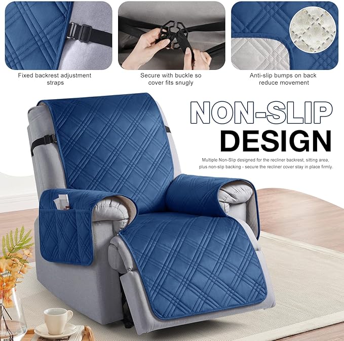 TAOCOCO 100% Waterproof Recliner Chair Cover, Thickness Recliner Covers That Stay in Place, Reclining Chair Cover Furniture Protector for Kids, Pets(23.6'', Dark Blue-Velvet)