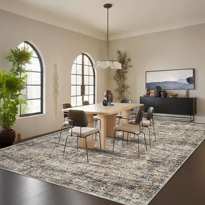 GarveeHome Large Area Rug 9x12 Washable Vintage Floral Rug for Bedroom Low Pile Distressed Throw Rug Non Slip Soft Foldable Floor Cover for Living Room Home Nursery Office, Brown
