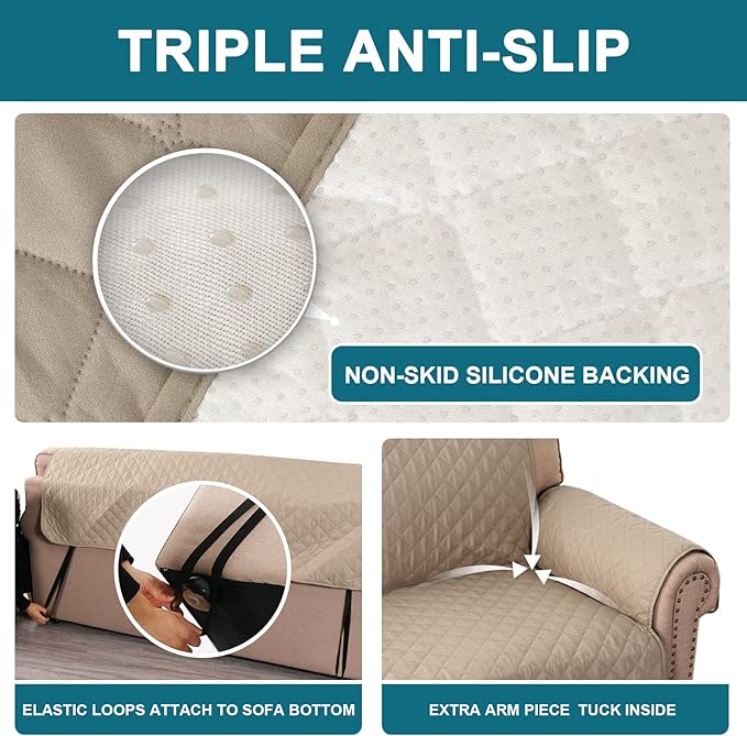 Turquoize 100% Waterproof Couch Covers for 3 Cushion Sofa Pet Friendly Cover for Dogs Washable Couch Protector Triple Non-Slip Furniture Cover for Pets, Kids (Sofa 70", Khaki)