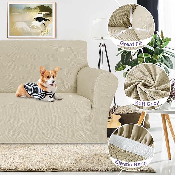 ZNSAYOTX Super Stretch Loveseat Covers (57"-70"), New Striped Love Seat Slipcover, Dogs Pet Friendly Anti-Slip Couch Protector Spandex Durable 2 Seater Fabric Sofa Cover (Khaki, Loveseat)