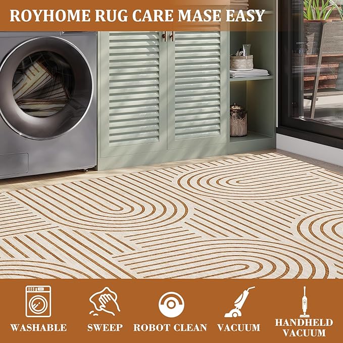 ROYHOME Washable Rug 8x10 Area Rugs for Living Room, Abstract Rug for Bedroom, Soft Rainbow Non Slip Throw Rugs with Rubber, Low Pile Stain Resistant Boho Geometric Carpet for Dining Room, Orange