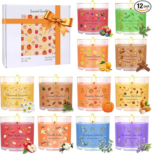 Fall Candles Bulk, 12 Pack Scented Candles for Home, Candle Set for Women, Small Soy Candles Scent of Pumpkin Vanilla Caramel Lavender, Mini Candle Gift Set for Birthday Halloween Christmas Birthday