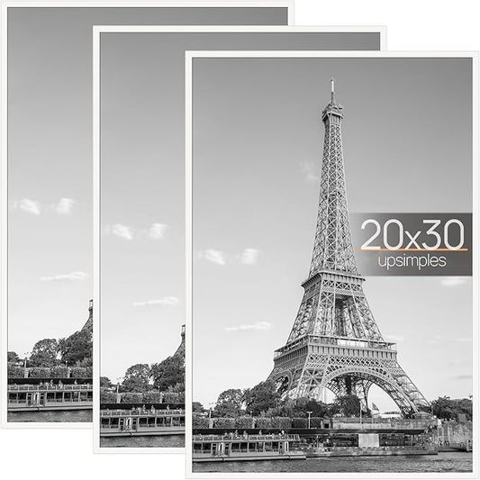 upsimples 20x30 Picture Frame White 3 Pack, Scratch-Proof Poster Frames 20 x 30 for Photo Gallery - Slide-In Strips, Horizontal or Vertical Wall Mounting