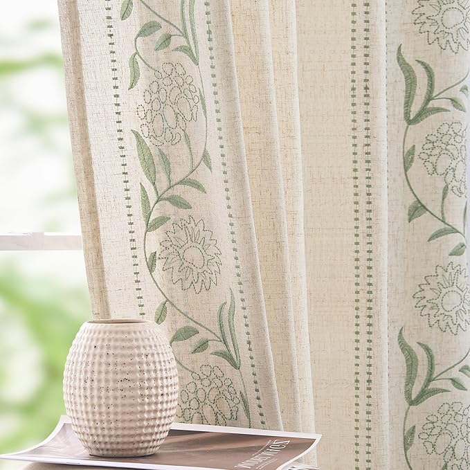 jinchan Winslow Linen Curtains for Bedroom 108 Inches Length Embroidered Bordered Floral Curtains for Living Room Farmhouse Decor Light Filtering Window Treatments Sage on Beige Drapes 2 Panels