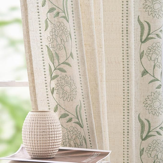 jinchan Winslow Linen Curtains for Bedroom 108 Inches Length Embroidered Bordered Floral Curtains for Living Room Farmhouse Decor Light Filtering Window Treatments Sage on Beige Drapes 2 Panels