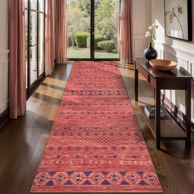 SERISSA Hallway Runner Rug, 2x10 Washable Non-Slip Red Ochre Runners for Hallways, Soft Low-Pile Boho Geometric Indoor Long Carpet for Kitchen Entryway Laundry Bedroom Bathroom