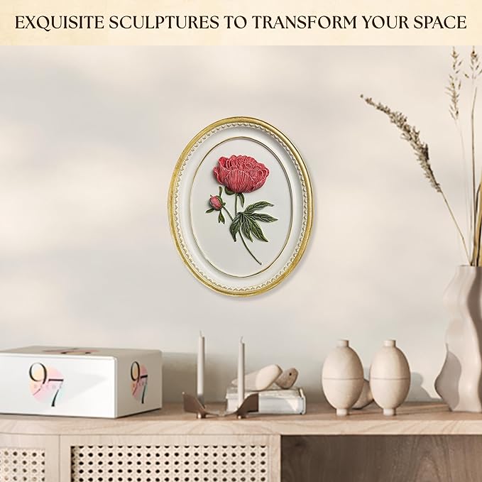 97 Decor Oval Vintage Wall Sculptures For Living Room - Handcrafted 3d Peony Floral Wall Art For Home Bedroom Decorations, Modern Sculpture Flower Art For Tabletop And Walls Hanging