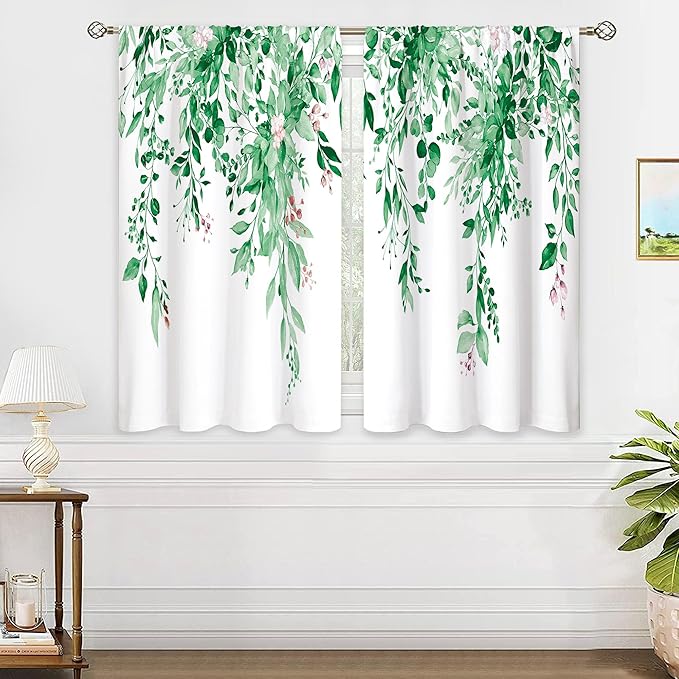 Emerald Teal Eucalyptus Botanical Leaves Floral Kitchen Window Curtains Over Sink Farmhouse Flower Spring Small Treatment Cafe Short Curtains for Bathroom Treatment Tier Drapes 27.5x39 inch