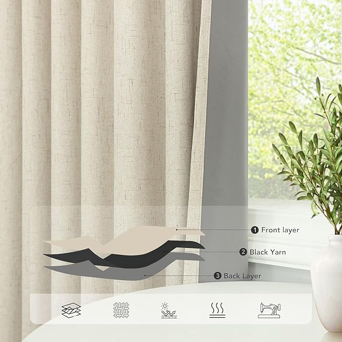 Short Linen Blackout Curtains for Bay Windows 48 Inch Length Bedroom Living Room Bathroom Heat Light Blocking Cute Curtains 48 Inches Long 2 Panels Set Burlap Drapes 52x48 Back Tab & Rod Pocket Beige